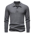 Men's waffle fabric long sleeve lapel t-shirt in black, straight fit pullover