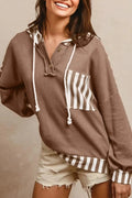 Straw yellow striped patchwork hoodie with a waffle texture and button neck drawstring.