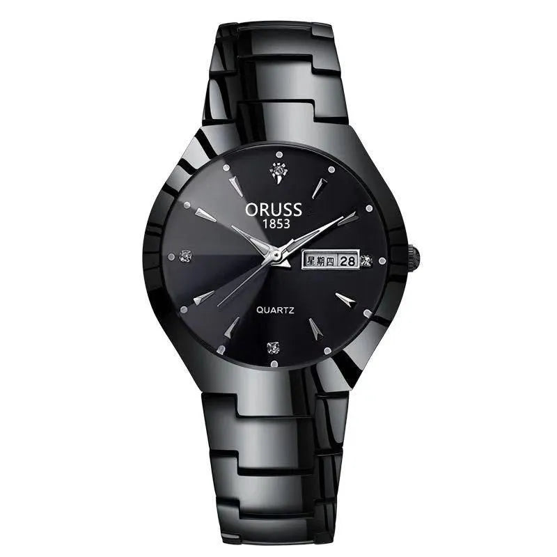 Couple's quartz watch with 8mm case, alloy strap, and 30M waterproof rating in radar black and rose gold