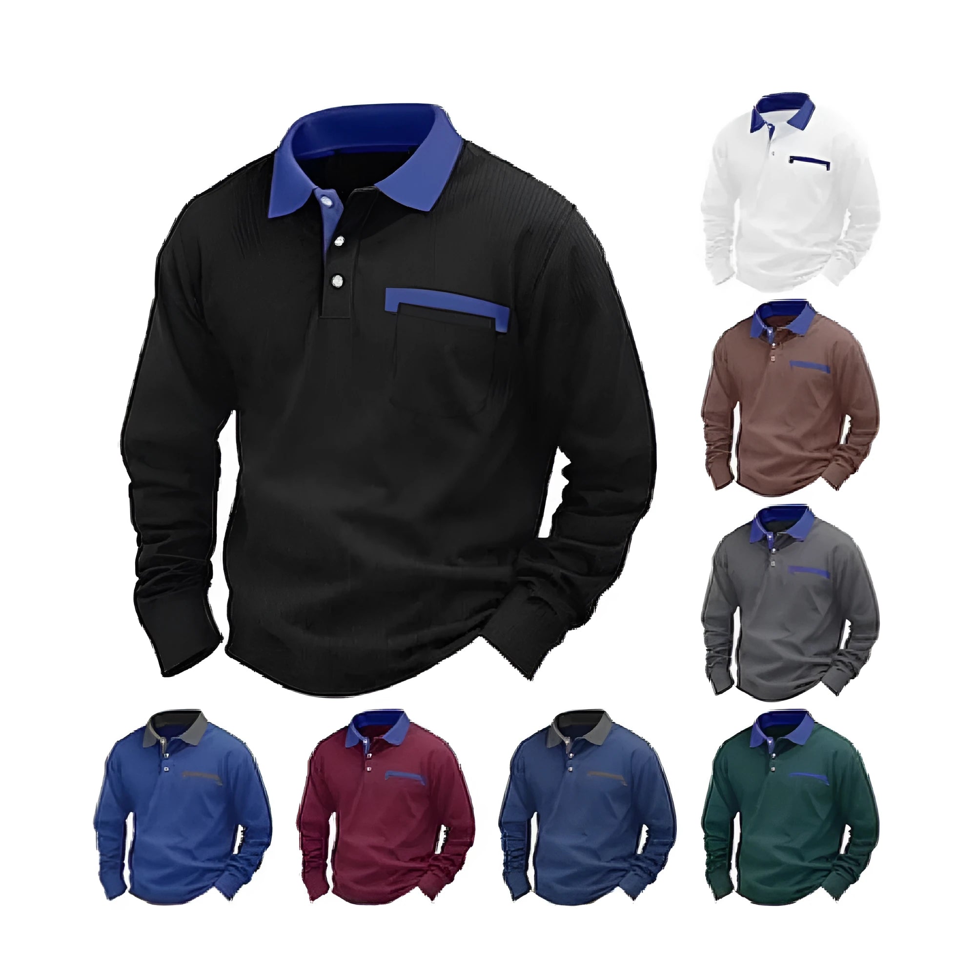 Man wearing a long-sleeved waffle knit polo shirt with an asymmetric collar in a dark colour.
