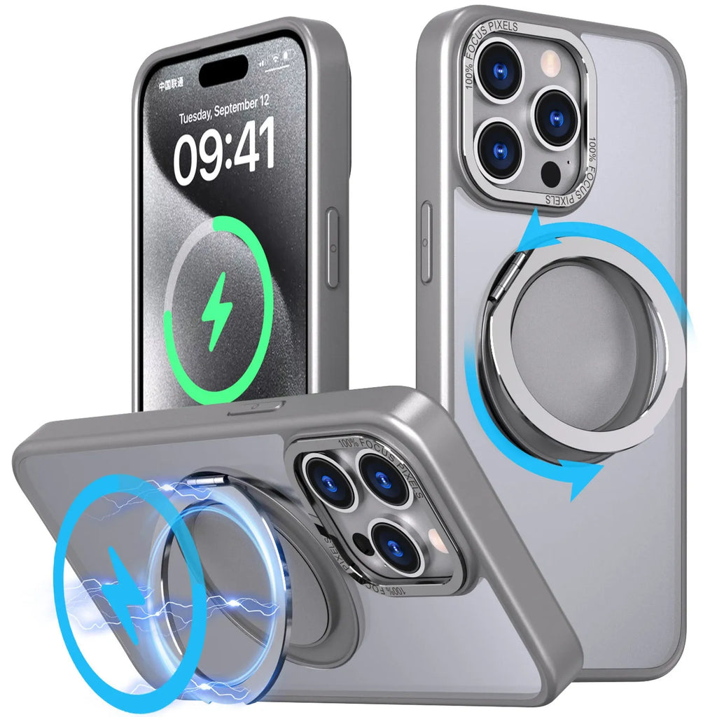 Gear rotating 360 bracket phone case for iPhone 13 in black with frosted back and bracket extended