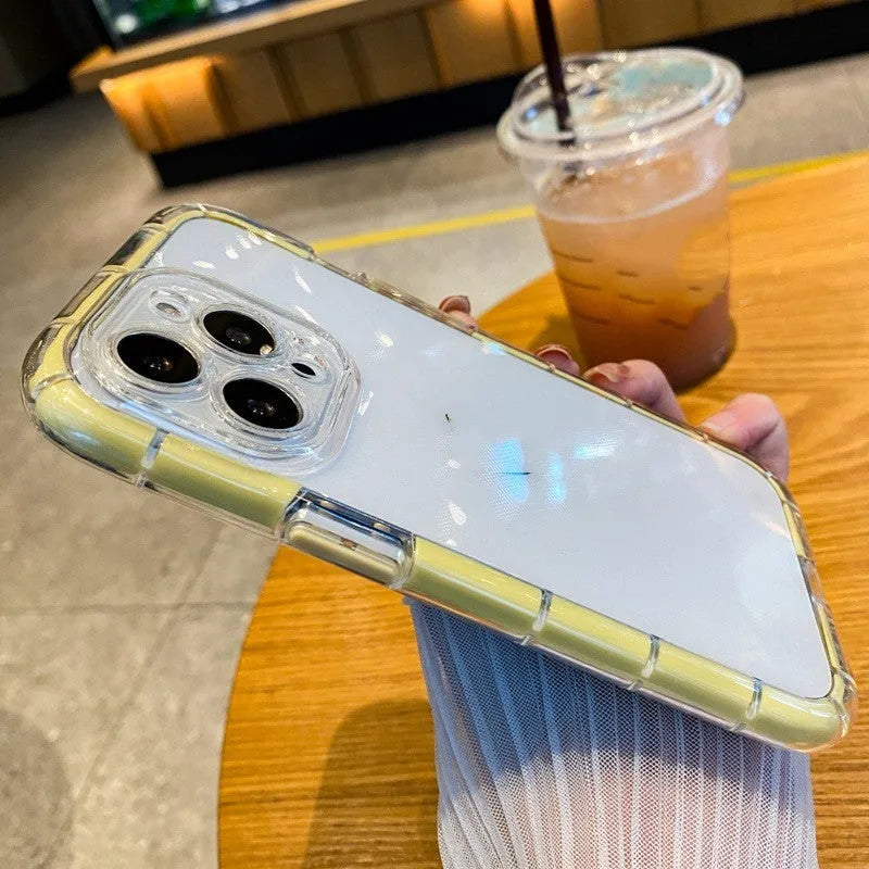 Transparent TPU protective sleeve with black edge for iPhone 16 showing back and side fit