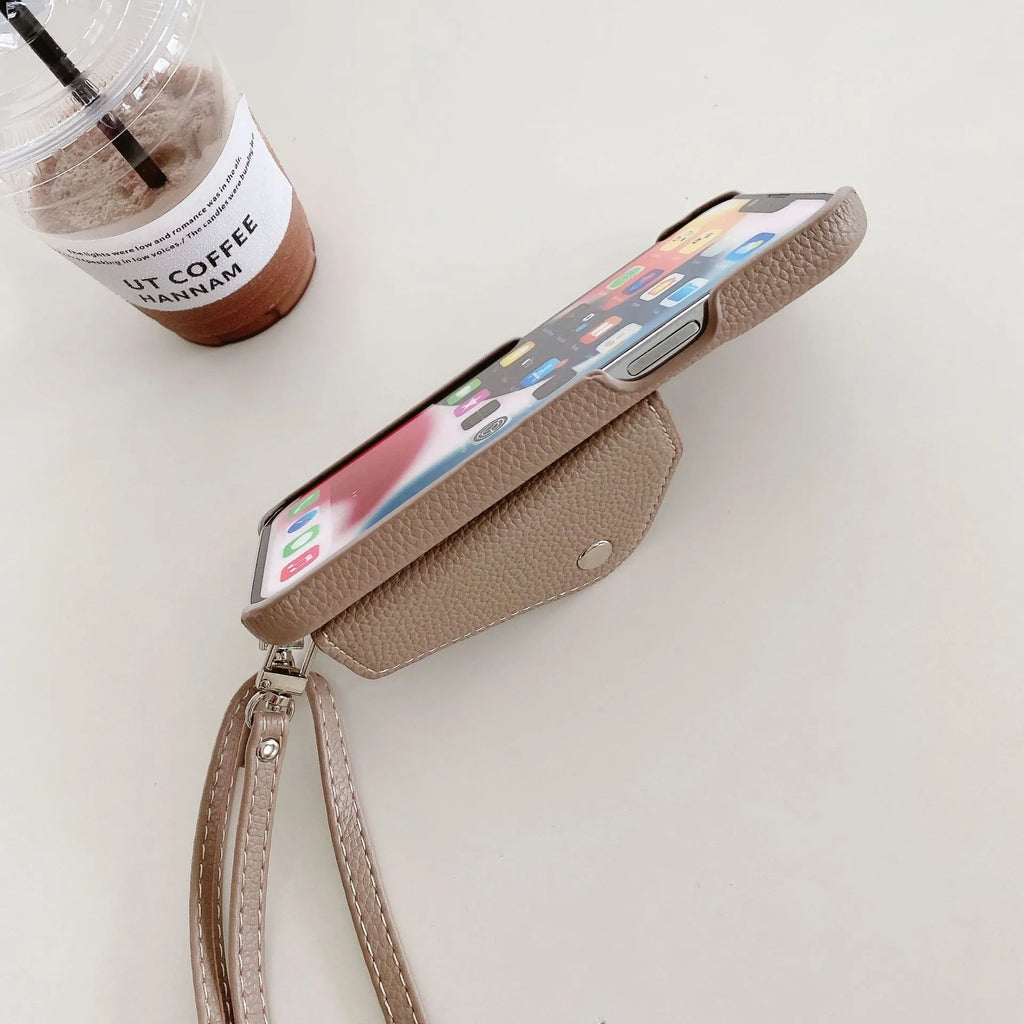 PC leather card holder crossbody phone case with lychee pattern triangle veil design for iPhone 13-15 series in black