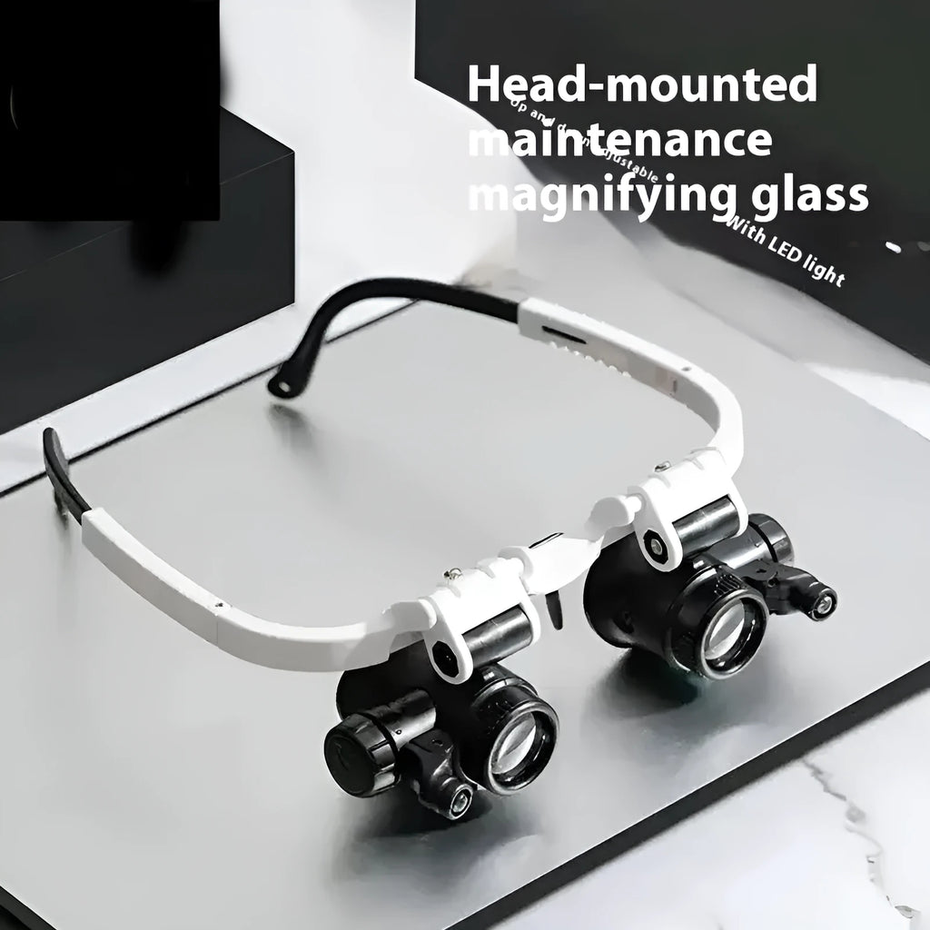 White head mounted magnifying glass with LED light, shown folded and unfolded for clock repair work.