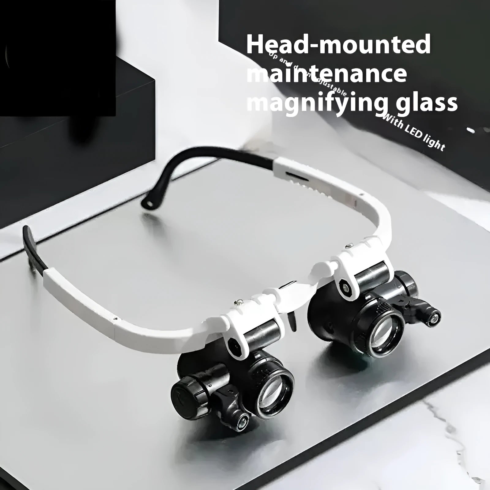 White head mounted magnifying glass with LED light, shown folded and unfolded for clock repair work.