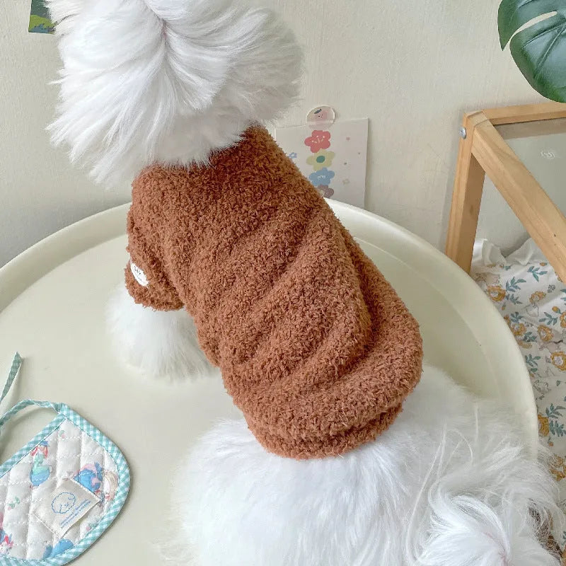 A brown double-sided cloud velvet thickened jacket for a small dog, shown from the side.