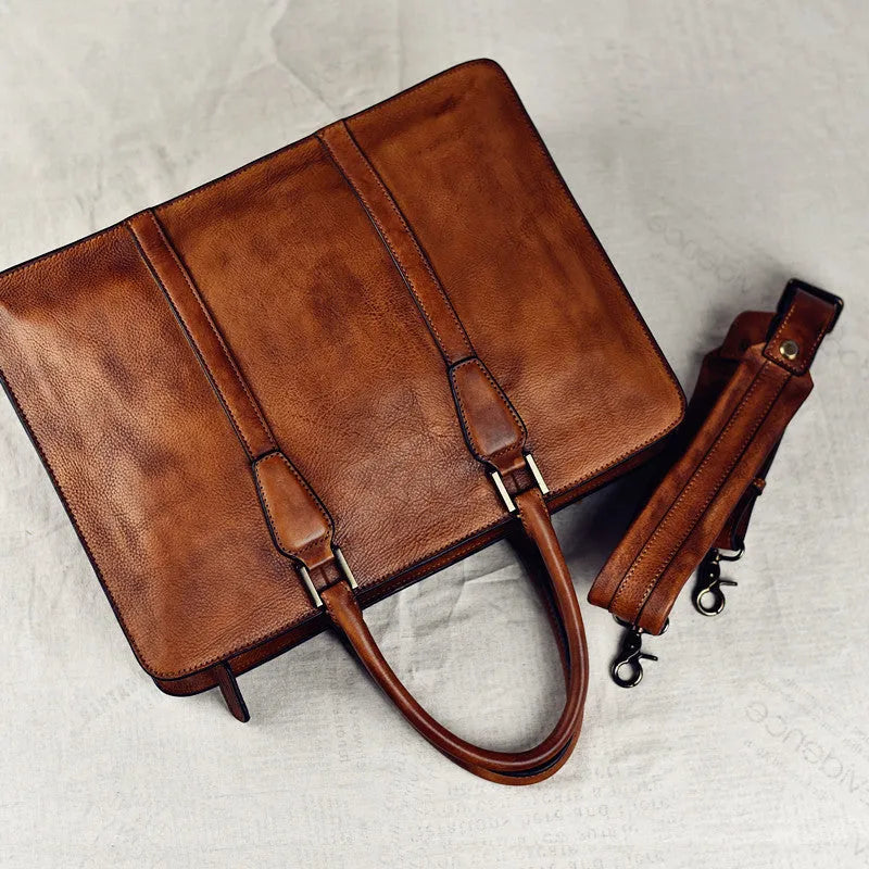 14-inch retro men's leather handbag in horizontal square shape for business use