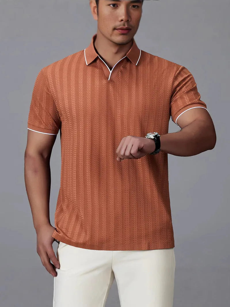 Men's loose-fitting short-sleeved polo shirt in ice silk nylon fabric, shown in black colour.