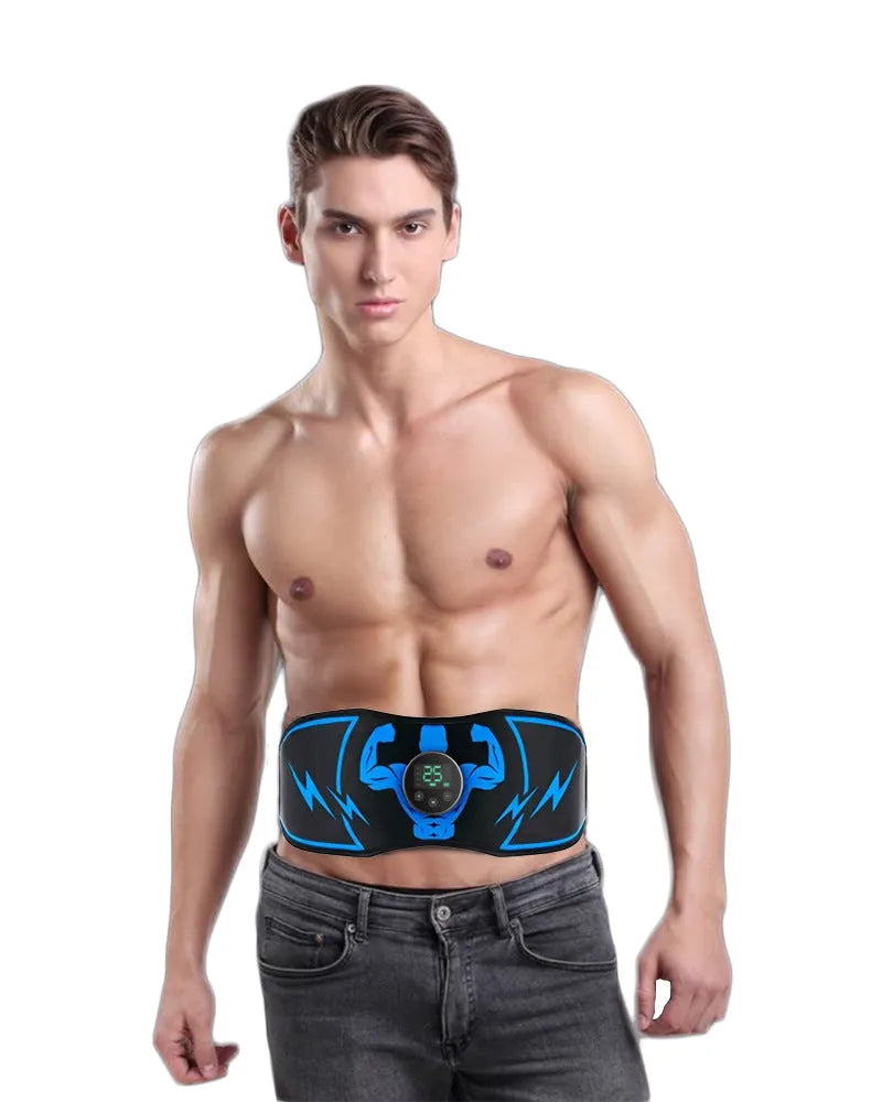 Blue EMS abdominal muscle stimulator belt with wireless remote control and rechargeable power source