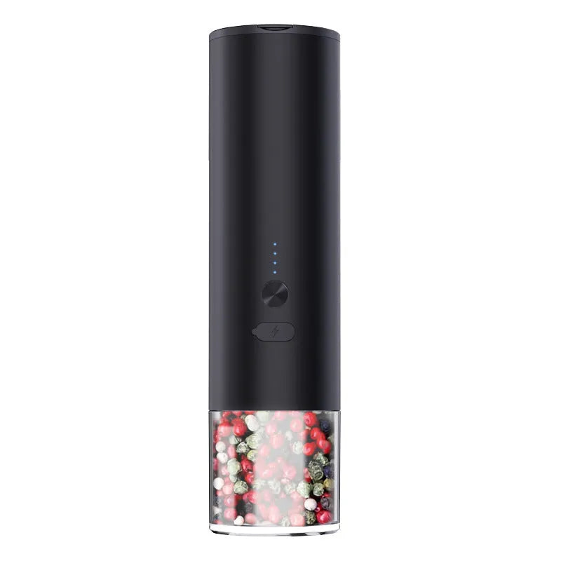 Electric salt and pepper grinder set with clear glass jar and stainless steel top