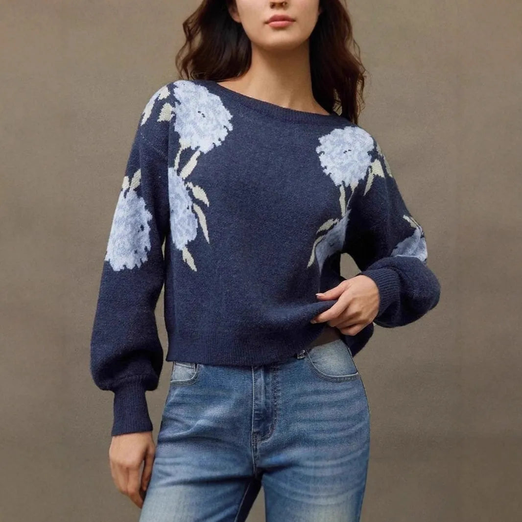 Women's sapphire blue off-neck pullover with floral jacquard pattern and loose casual fit