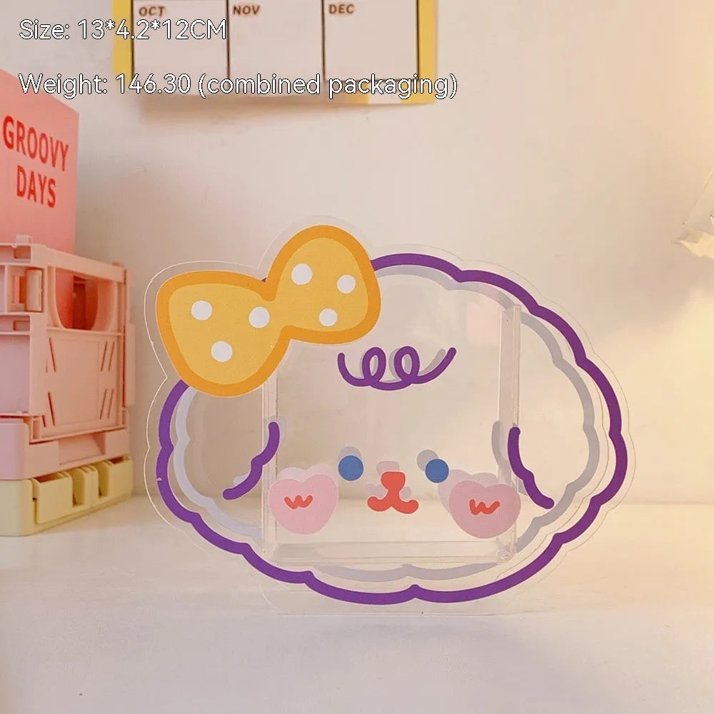 Square clear acrylic stationery storage box with cartoon design options including strawberry rabbit and poached egg