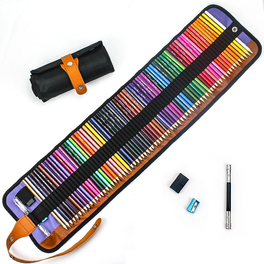 Set of 50 wooden oil-based coloured pencils in a case, showing the range of colours.