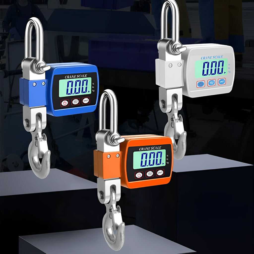 Electronic hook scale with digital display showing weight measurement, available in blue, orange, and white colours