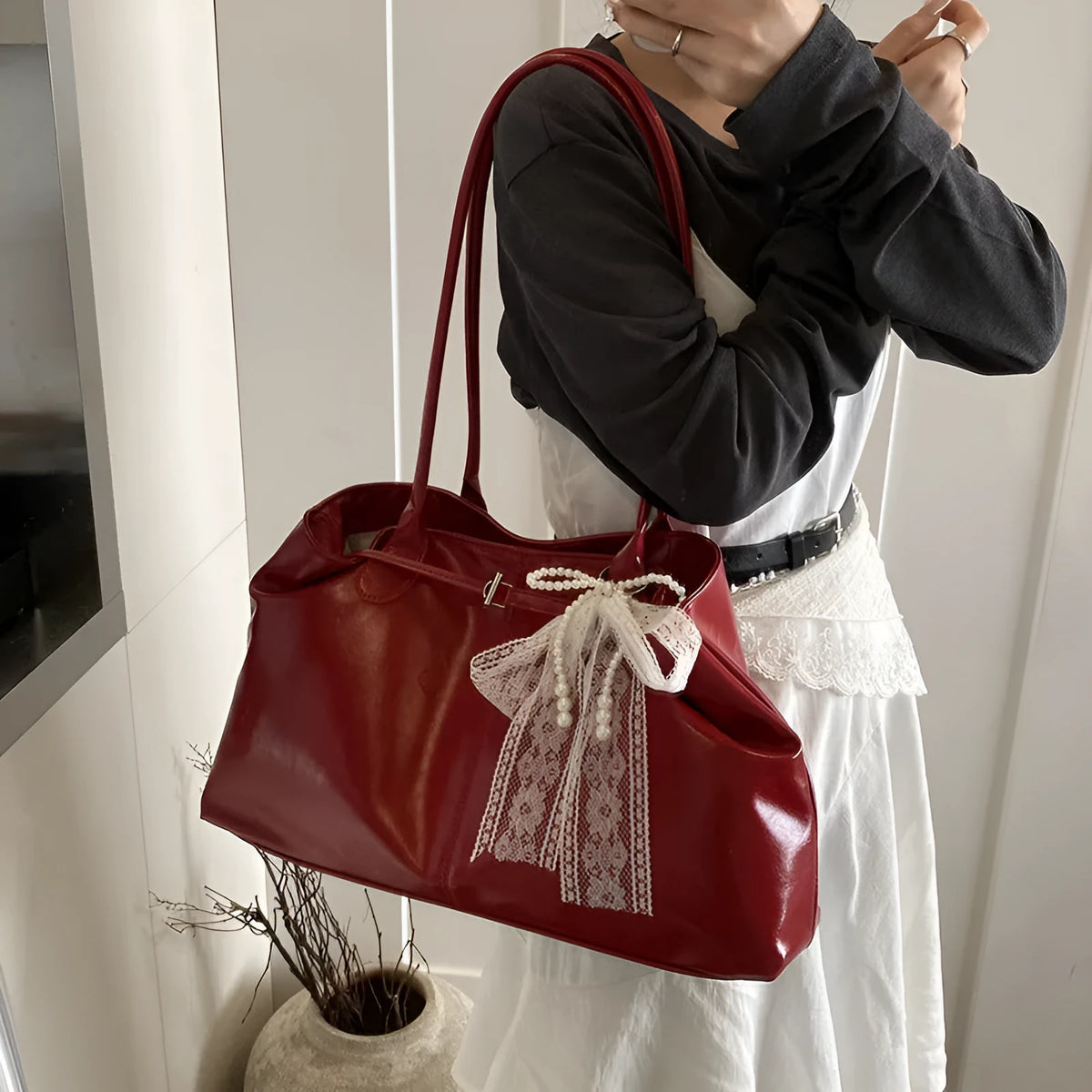 Large capacity commuter tote shoulder bag in PU with double shoulder straps, available in multiple colours