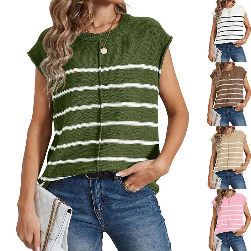 Women's striped sleeveless V-neck pullover top in apricot colour