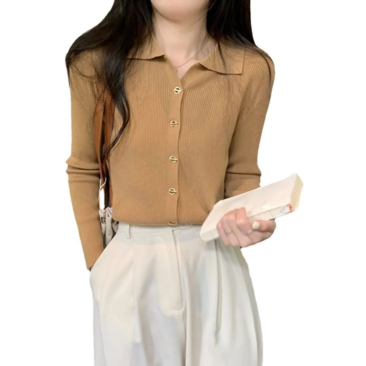 Gentle long-sleeved knitted cardigan top in loose fit free size showing viscose fibre construction and colour options