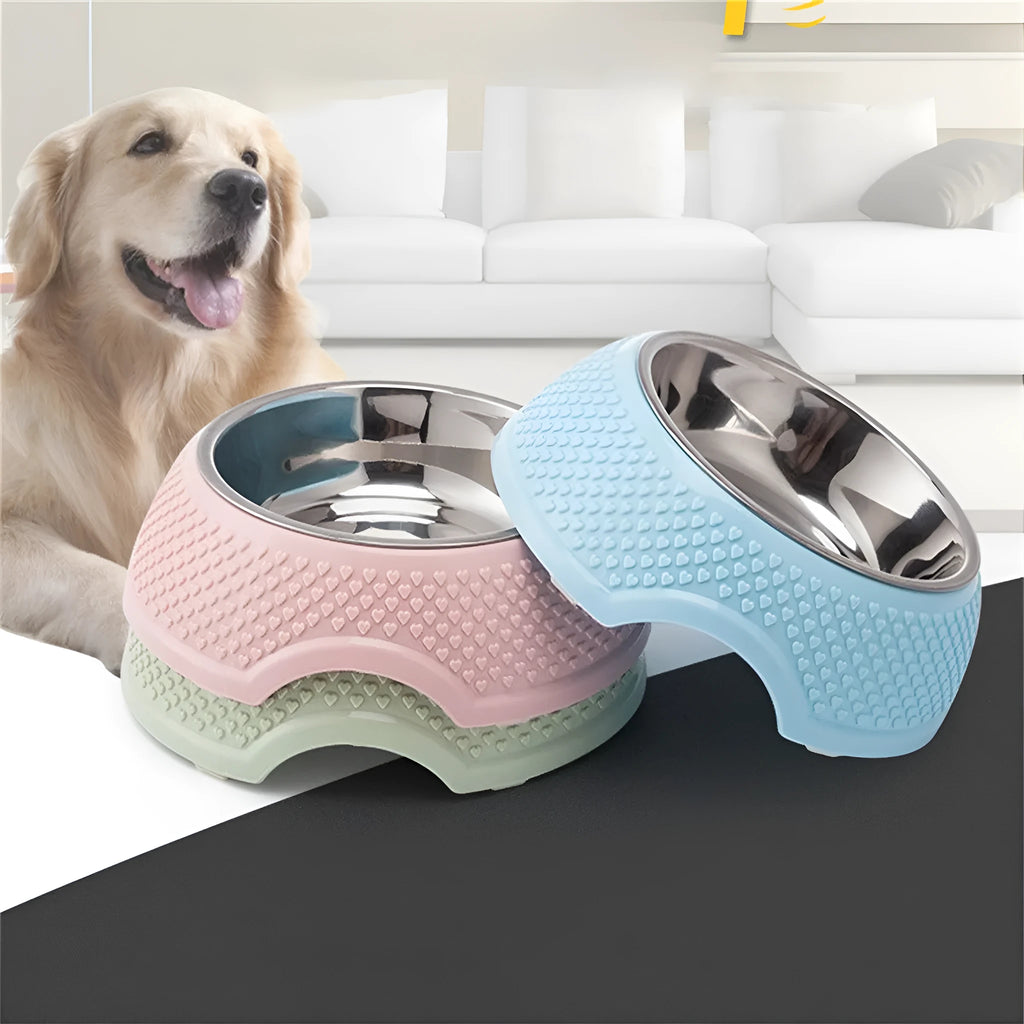 Stainless steel pet bowl with non-slip base in blue green pink colour options
