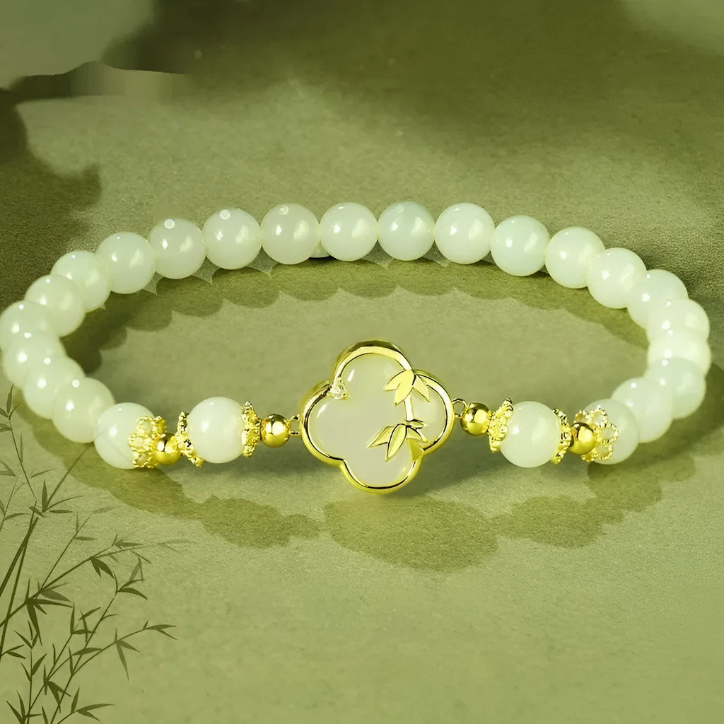 Hetian jade bracelet and necklace set with bamboo newspaper design and carved leaf shapes