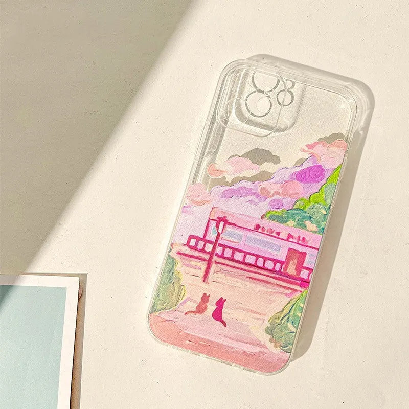 Soft silicone iPhone case with colourful two-cat cartoon design on the back.