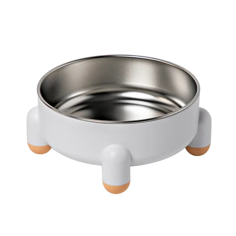 Stainless steel pet bowl with non-slip base and high foot in pink, green, or white colour.