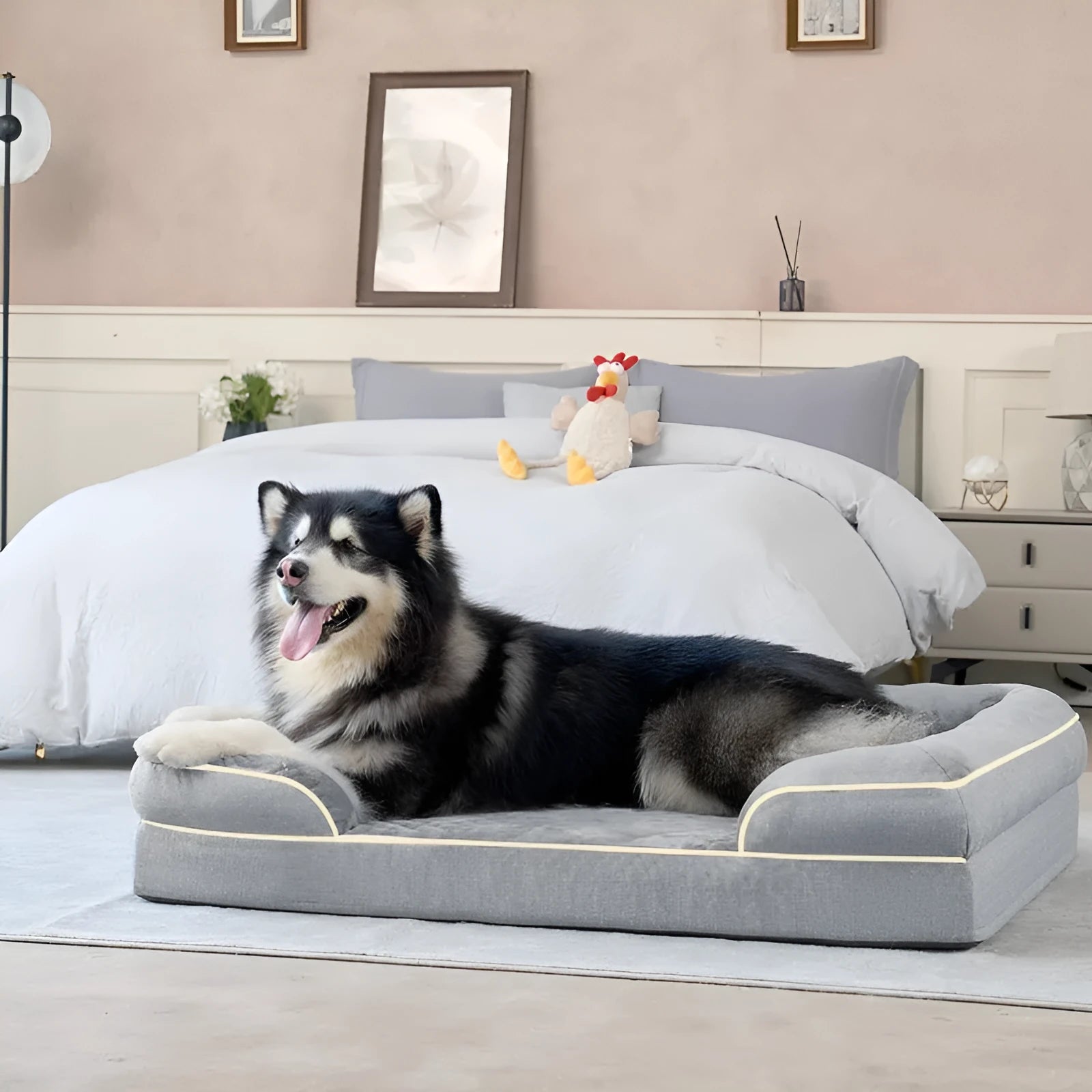 Gray pet sofa bed for medium to large dogs with removable washable cover on floor