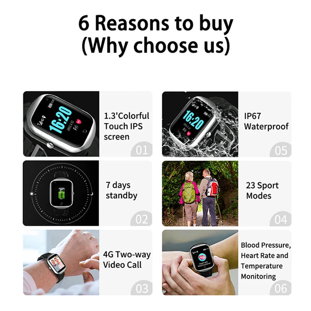 Square-faced silver smartwatch for seniors with a black silicone strap on a wrist, showing a colour screen display.