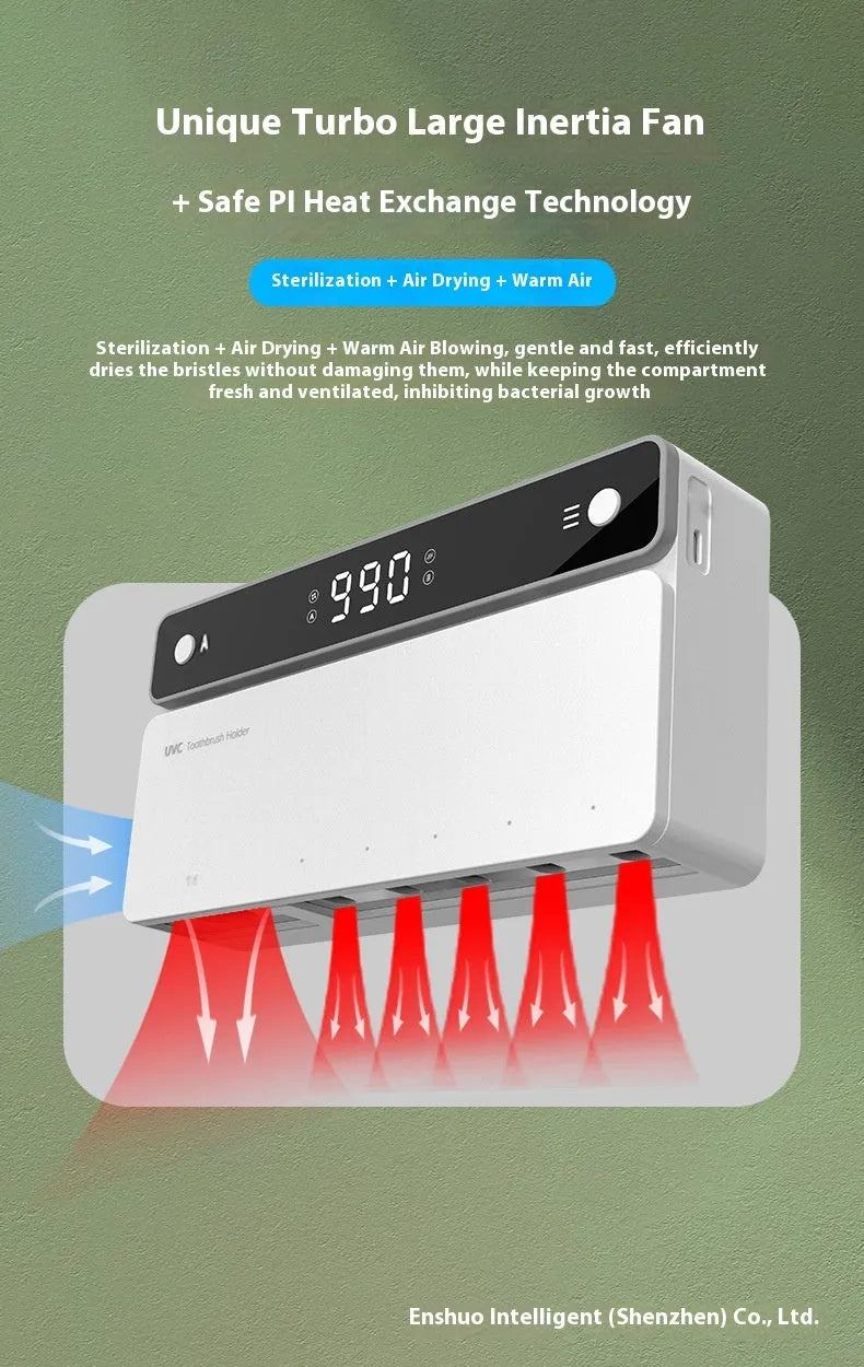 Wall-mounted UV toothbrush sterilizer with automatic drying function and black enclosure
