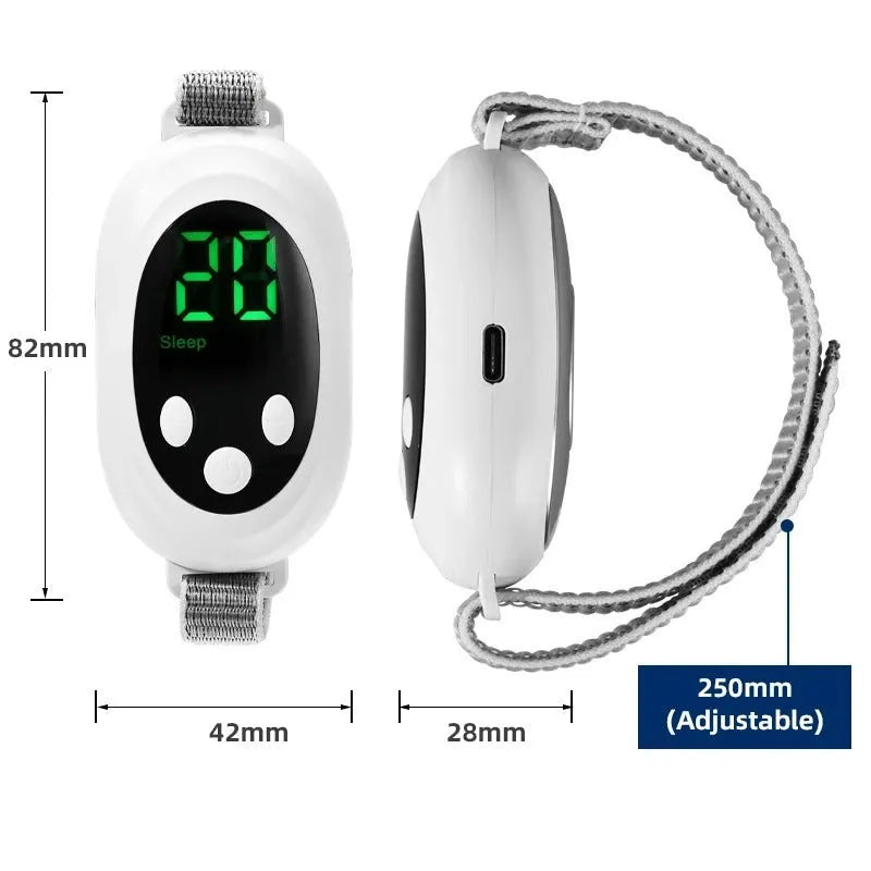 White sleep aid device with handheld remote control showing 20 intensity levels for insomnia relief