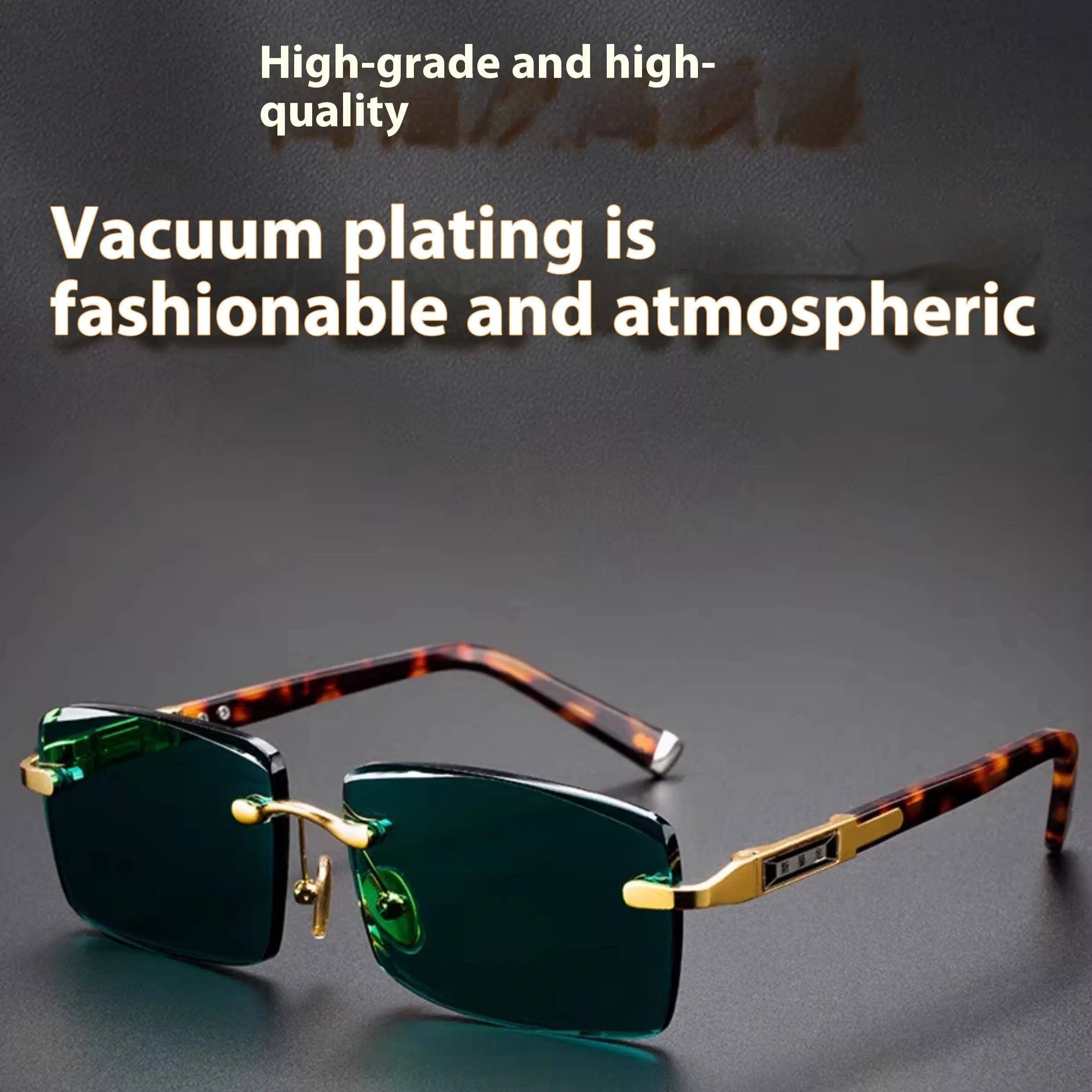 A pair of dark green frameless crystal sunglasses with a hard case and a lens cloth on a plain background.