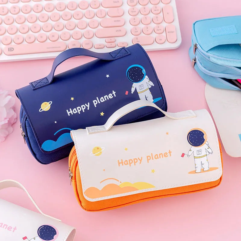 Large-capacity canvas pencil case with hand-painted planet pattern in blue