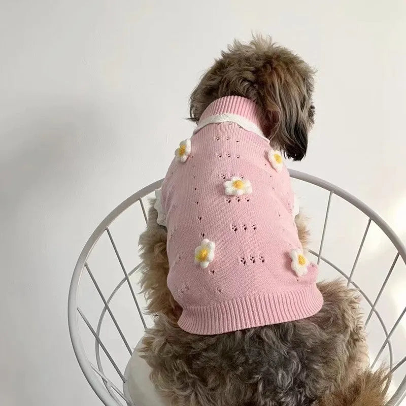 Green flower blossom pattern dog sweater shown on a small pet, with a size chart for XS to XL visible.