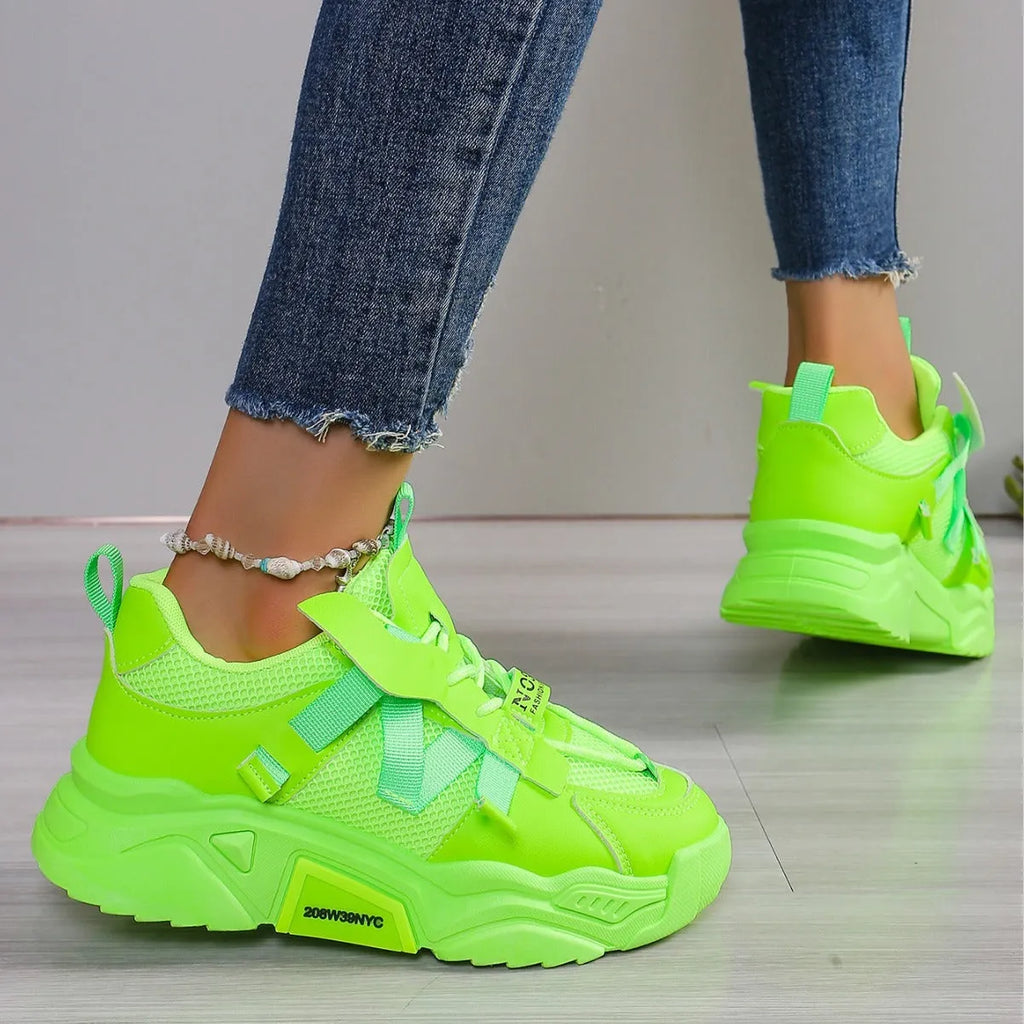 Women's purple platform mesh sports shoes with animal pattern and front lace-up design