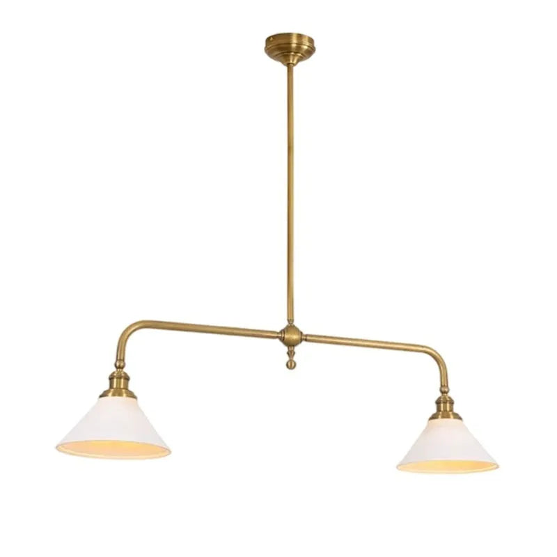 All copper American retro linear chandelier with warm LED light over kitchen island, aluminium lampshade option