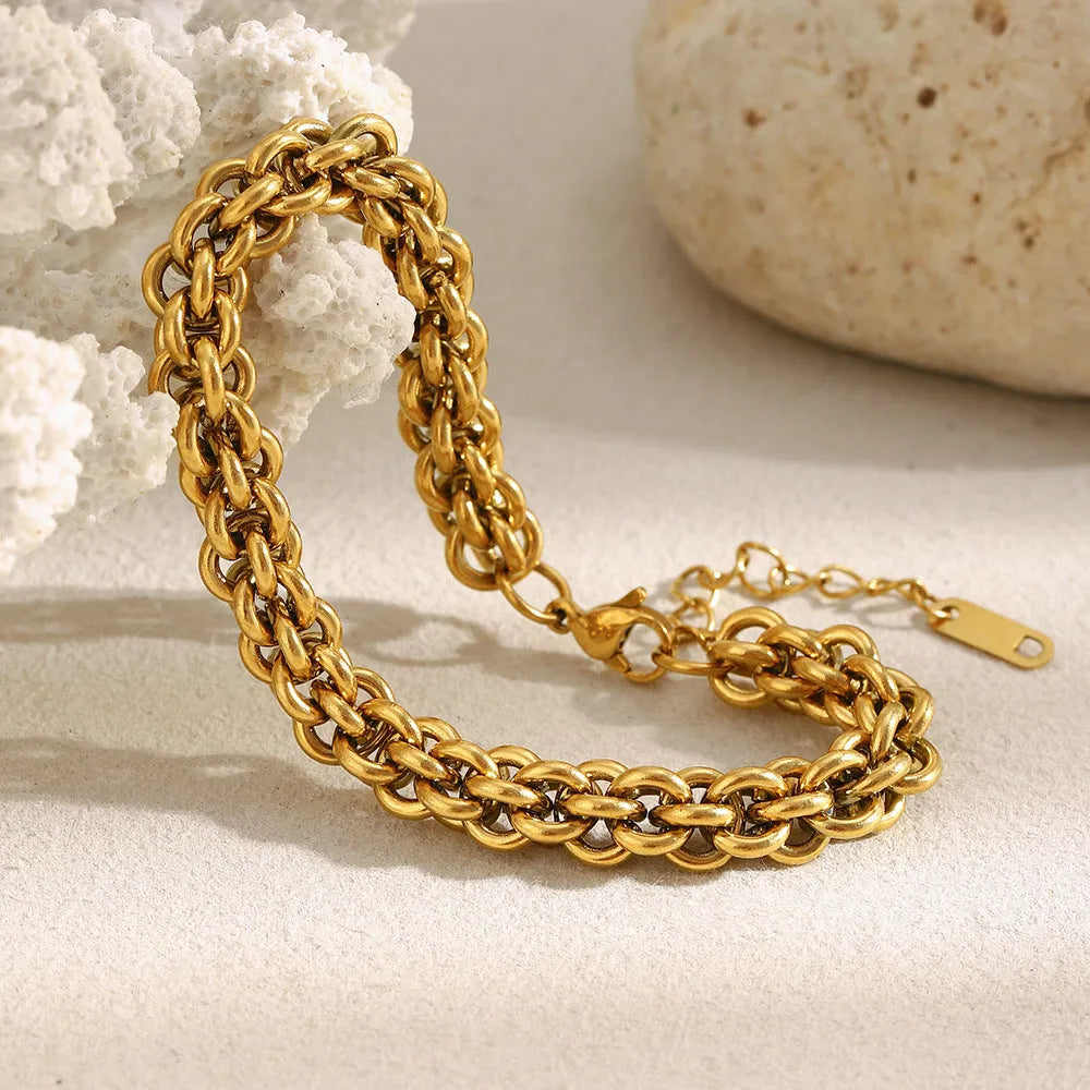 Gold stainless steel lantern chain bracelet for women with geometric ring design and electroplated finish