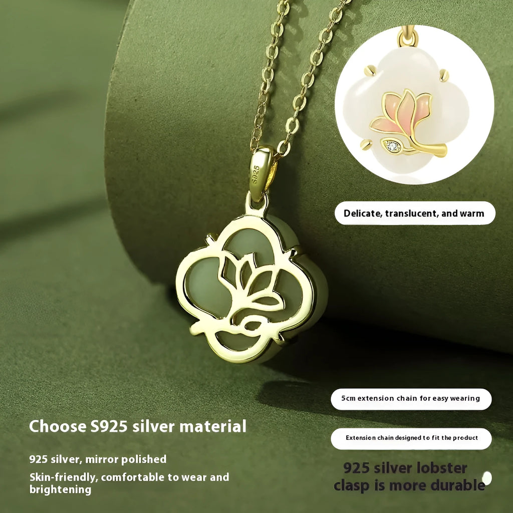 Magnolia Hetian jade necklace and bracelet set in 925 sterling silver with floral design