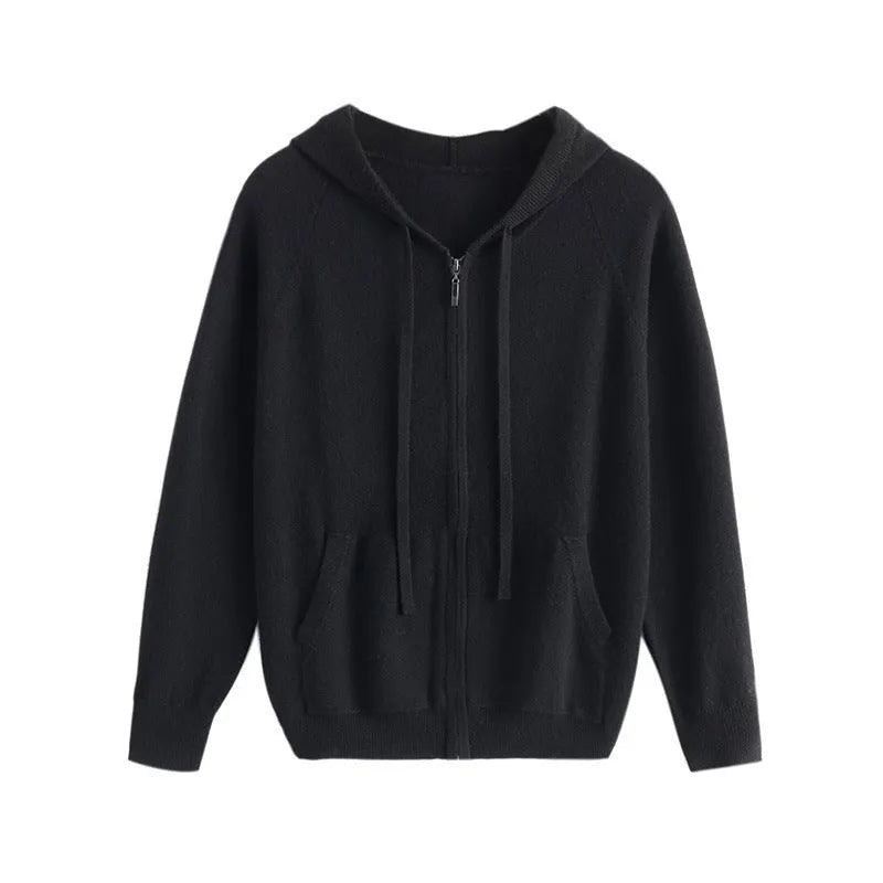 Men's cashmere knitted cardigan with full zip front and hood in solid colour options