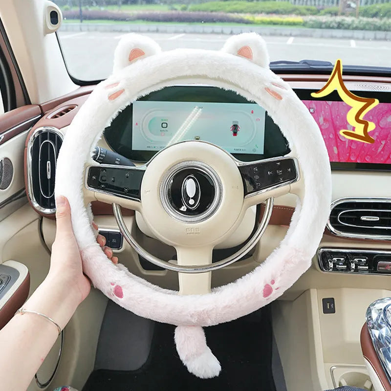 Plush cartoon animal steering wheel cover in rabbit fur fleece for winter, shown on a 38cm car steering wheel.