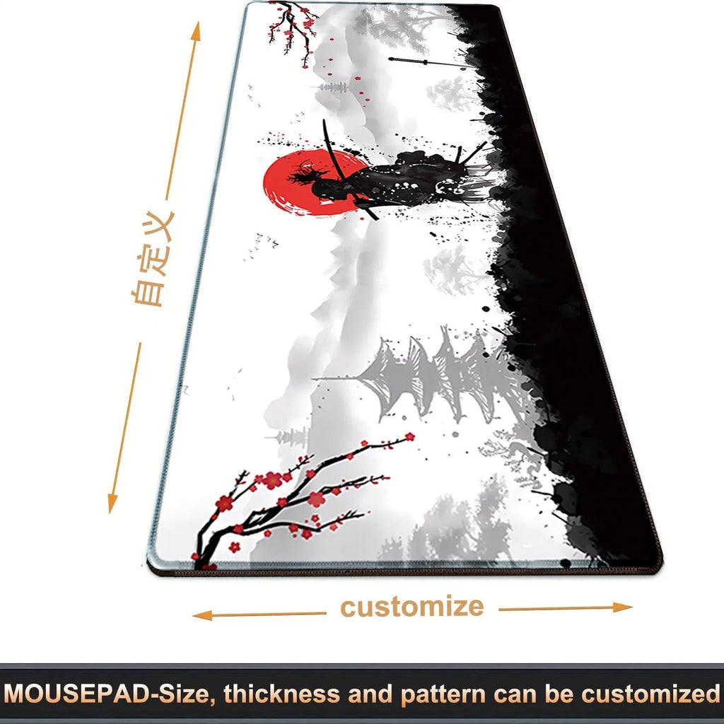 Large black cloth gaming mouse pad with detailed Japanese samurai warrior artwork print.