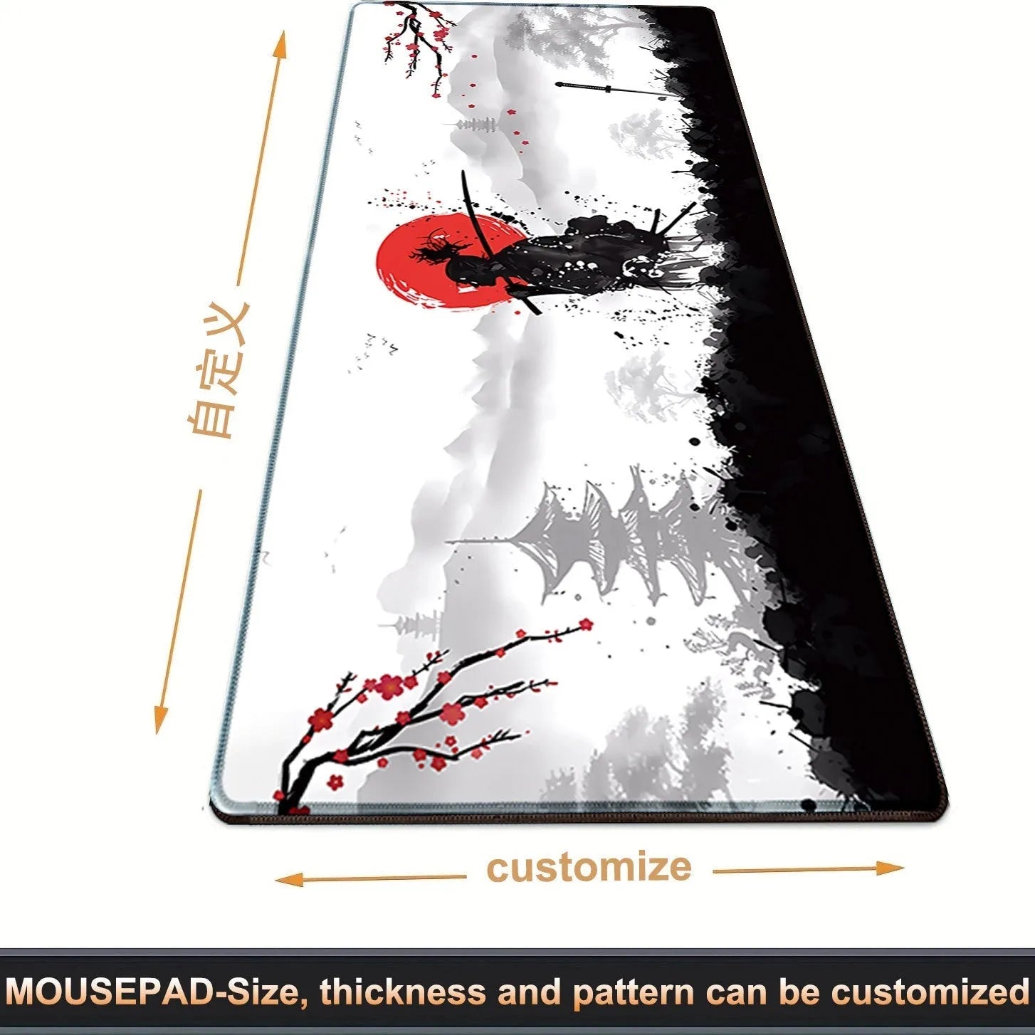 Large black cloth gaming mouse pad with detailed Japanese samurai warrior artwork print.