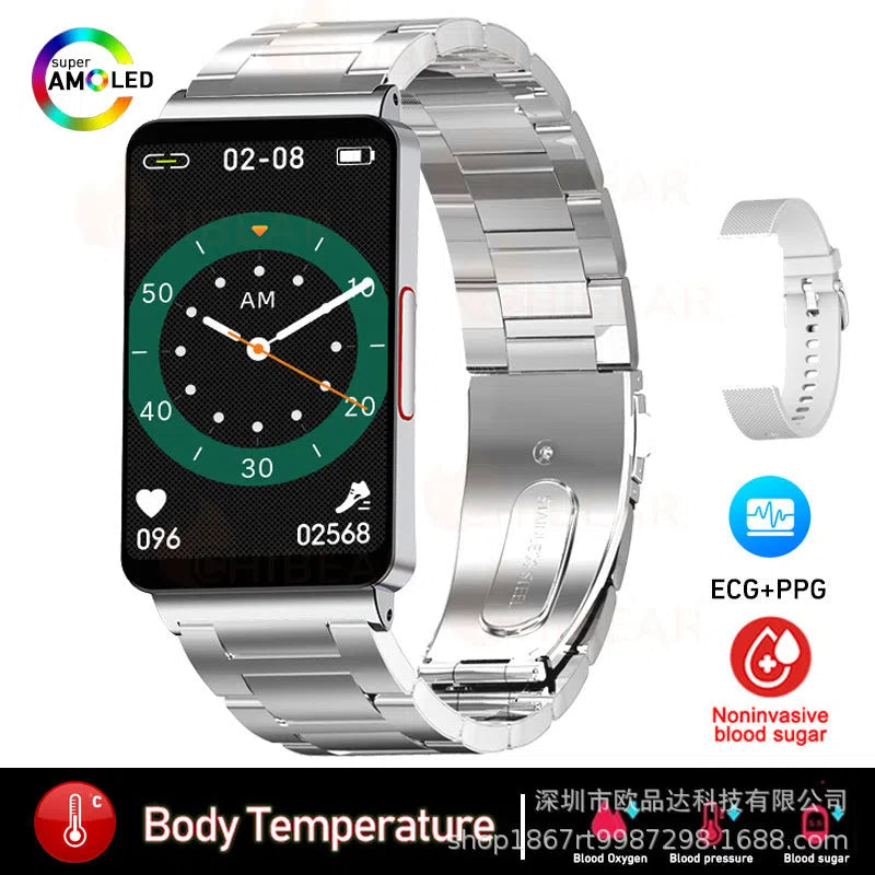 Smart watch health bracelet with IPS screen, touch button, silicone or steel strap in black or silver