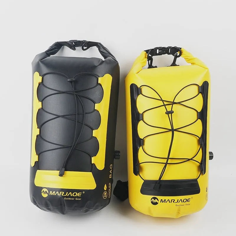 Yellow and black 20L waterproof backpack with dry wet separation for water sports and outdoor activities