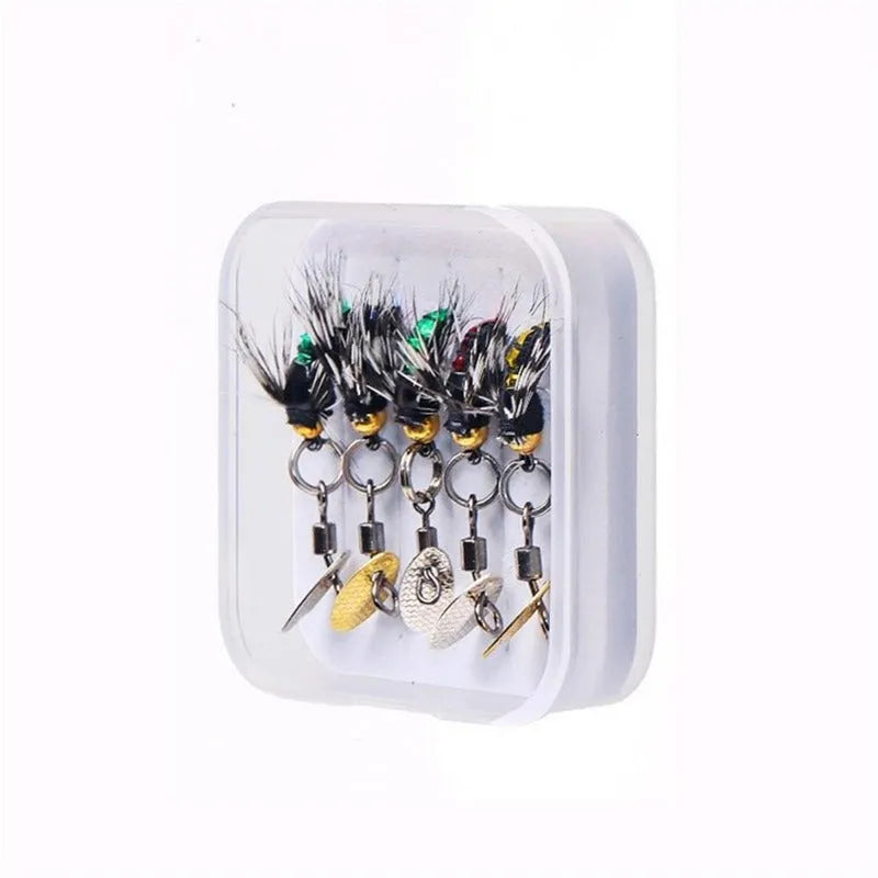 Five bionic mosquito hook fishing lures with spinning sequins for trout and perch fishing