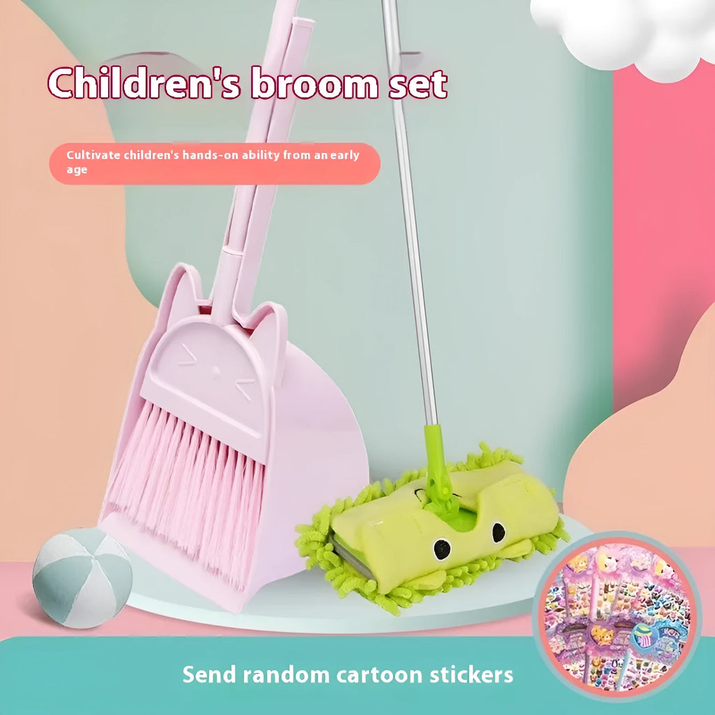 Purple broom and dustpan set with rotating brush holder on plastic construction
