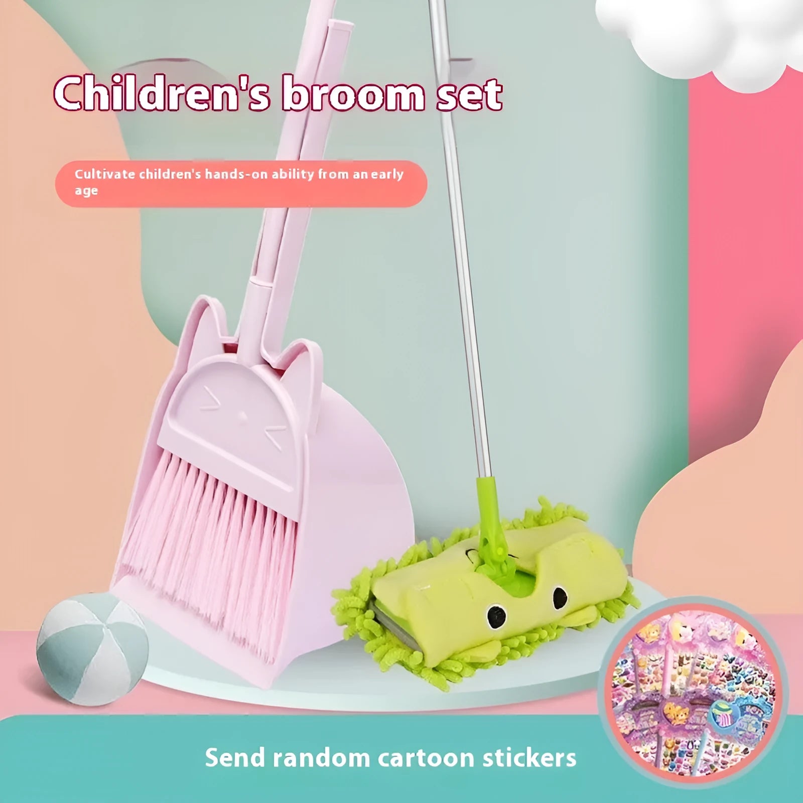 Purple broom and dustpan set with rotating brush holder on plastic construction