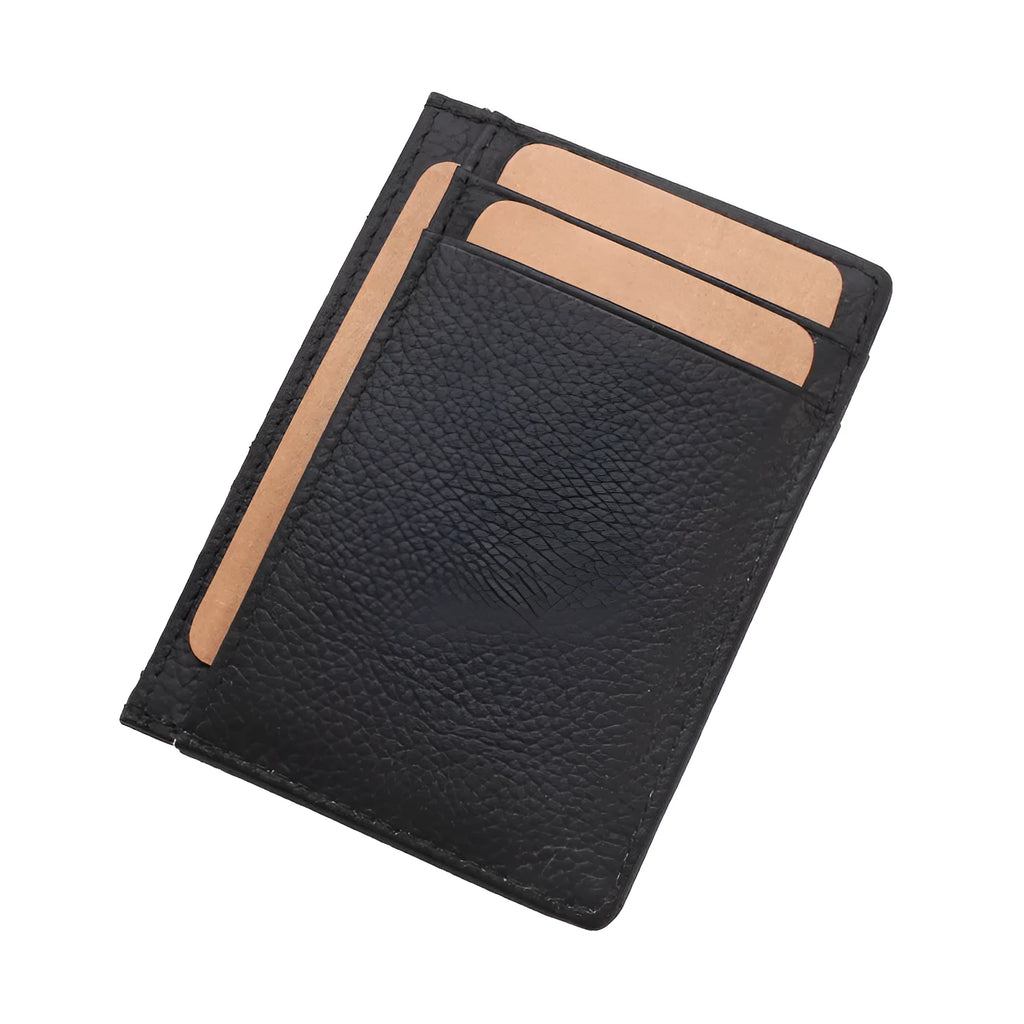 Men's creative genuine leather card holder in dark brown solid colour, slim profile with card slots, 7.8cm by 10.7cm