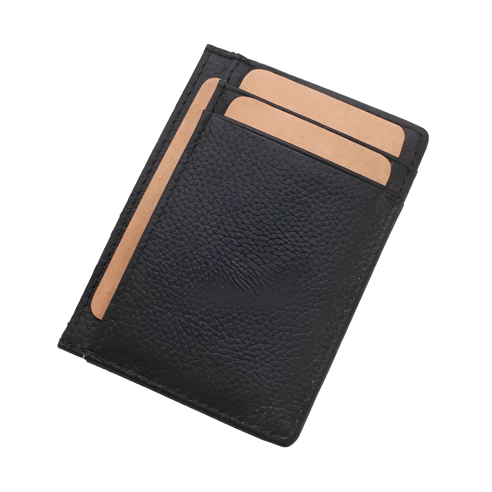 Men's creative genuine leather card holder in dark brown solid colour, slim profile with card slots, 7.8cm by 10.7cm
