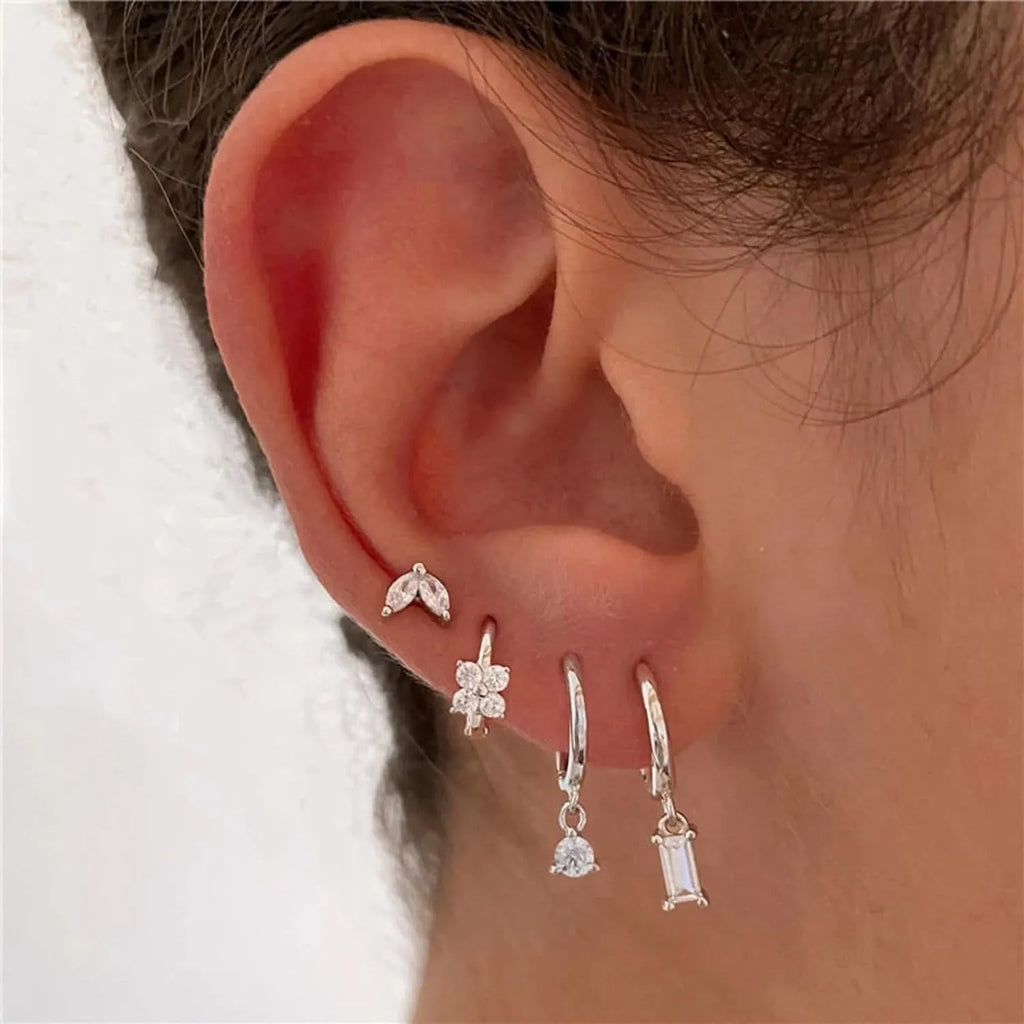 Women's geometric copper earrings four-piece set with gold electroplated star and quadrilateral designs