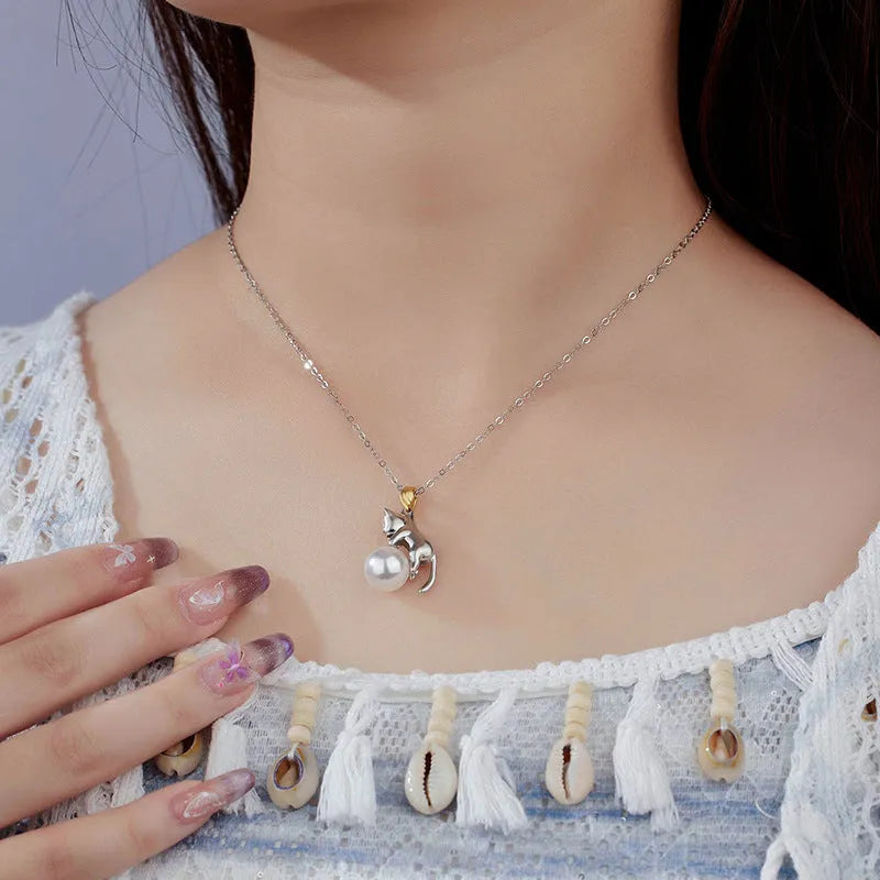 Sterling silver clavicle chain necklace with cat pendant, electroplated 925 silver jewellery