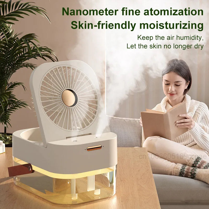 USB-powered desktop humidifier and cooling fan with remote control in green or white colour